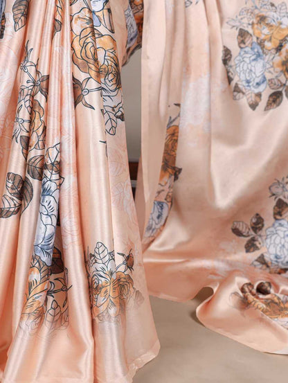 Cream Satin Printed Saree