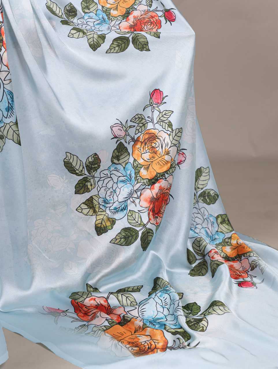 Sky Blue Satin Printed Saree