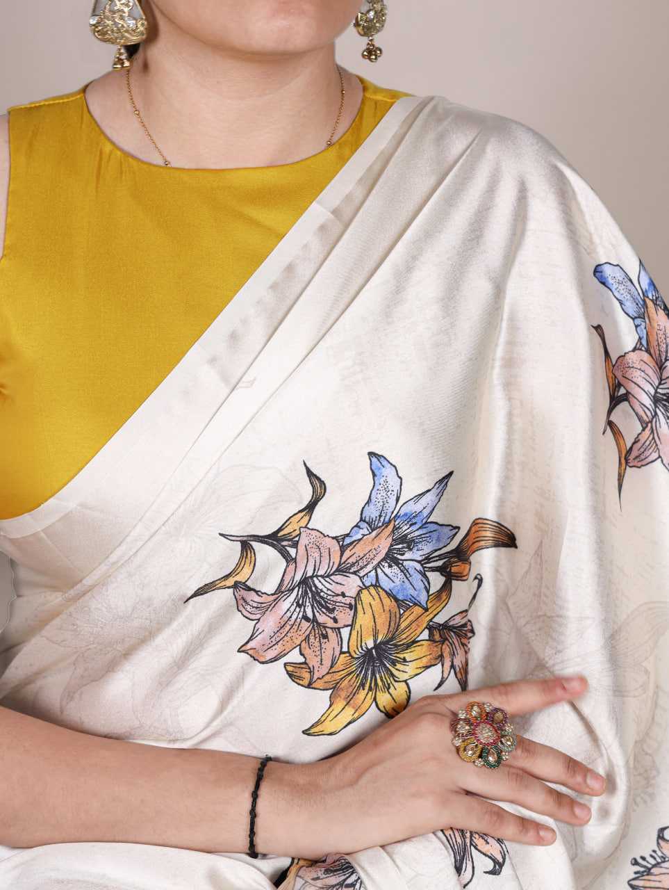 White Satin Printed Saree