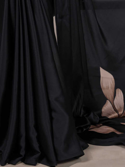 Black Satin Saree with Floral Design