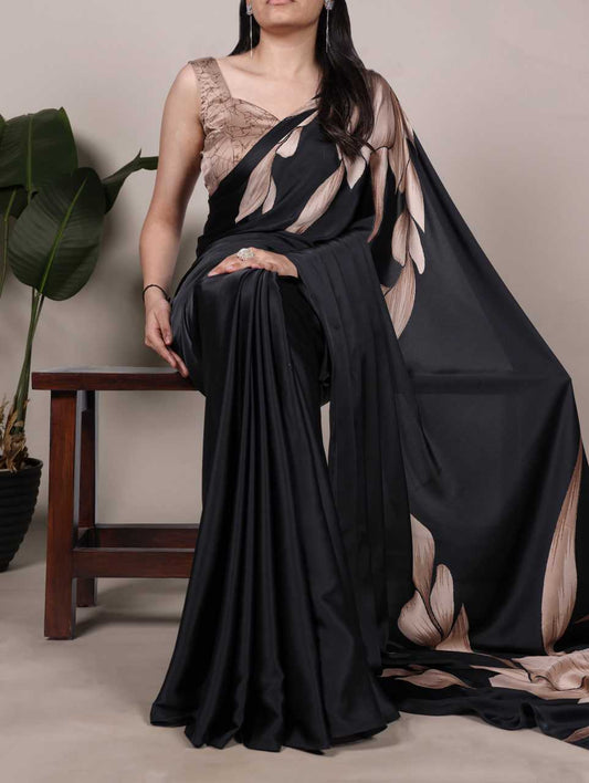 Black Satin Saree with Floral Design