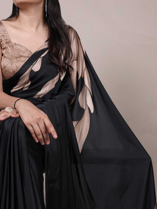 Black Satin Saree with Floral Design