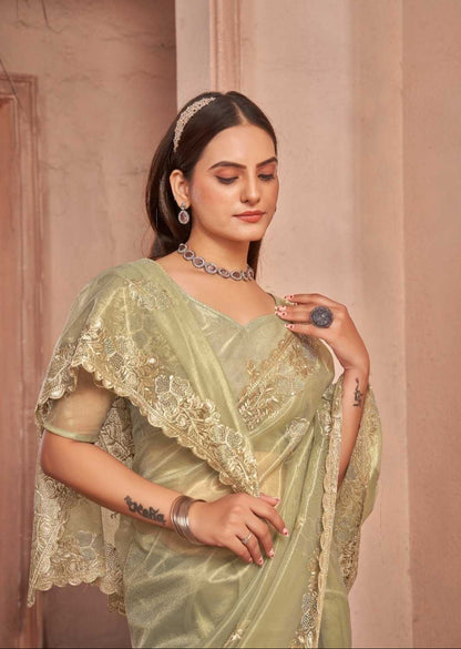 Golden Shimmer Silver Net Saree With Swarovski Work