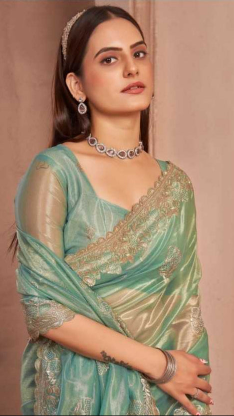 Teal Shimmer Silver Net Saree With Swarovski Work