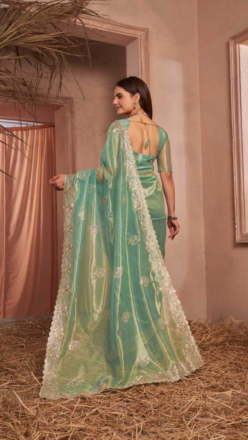 Teal Shimmer Silver Net Saree With Swarovski Work