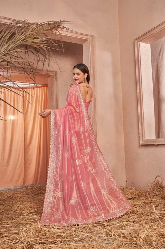 Pink Shimmer Silver Net Saree With Swarovski Work