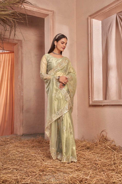 Golden Shimmer Silver Net Saree With Swarovski Work
