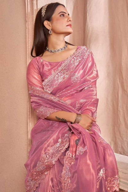 Pink Shimmer Silver Net Saree With Swarovski Work