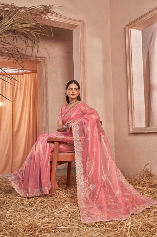 Pink Shimmer Silver Net Saree With Swarovski Work