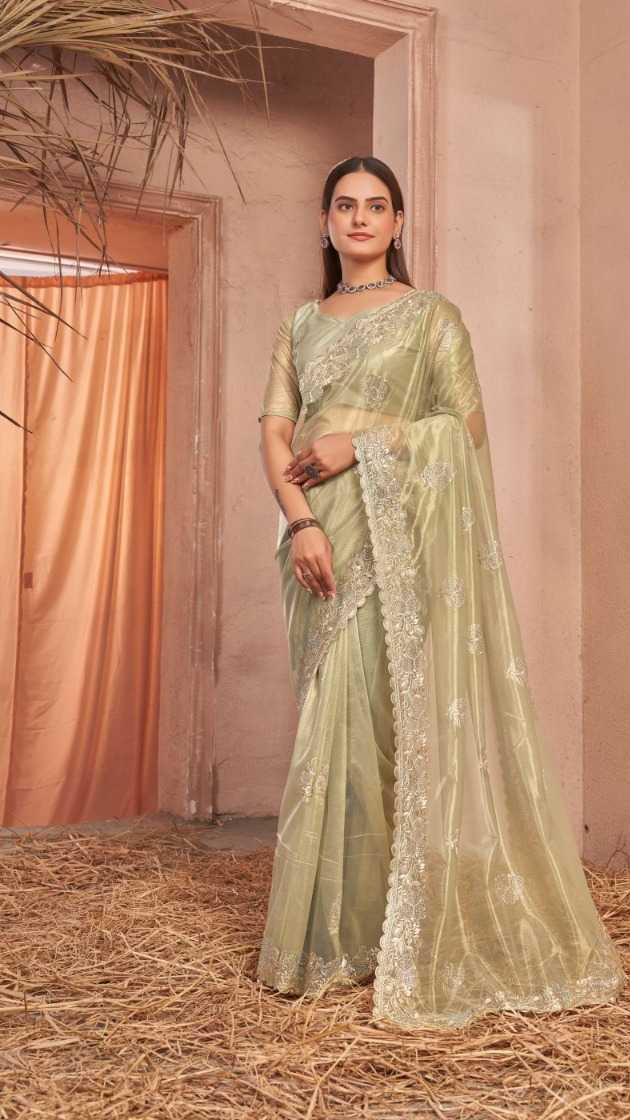 Golden Shimmer Silver Net Saree With Swarovski Work
