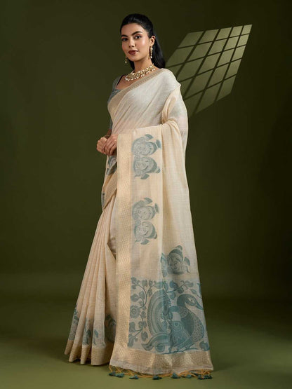Premium soft Muga Silver Cotton saree with traditional kalamkari peacock