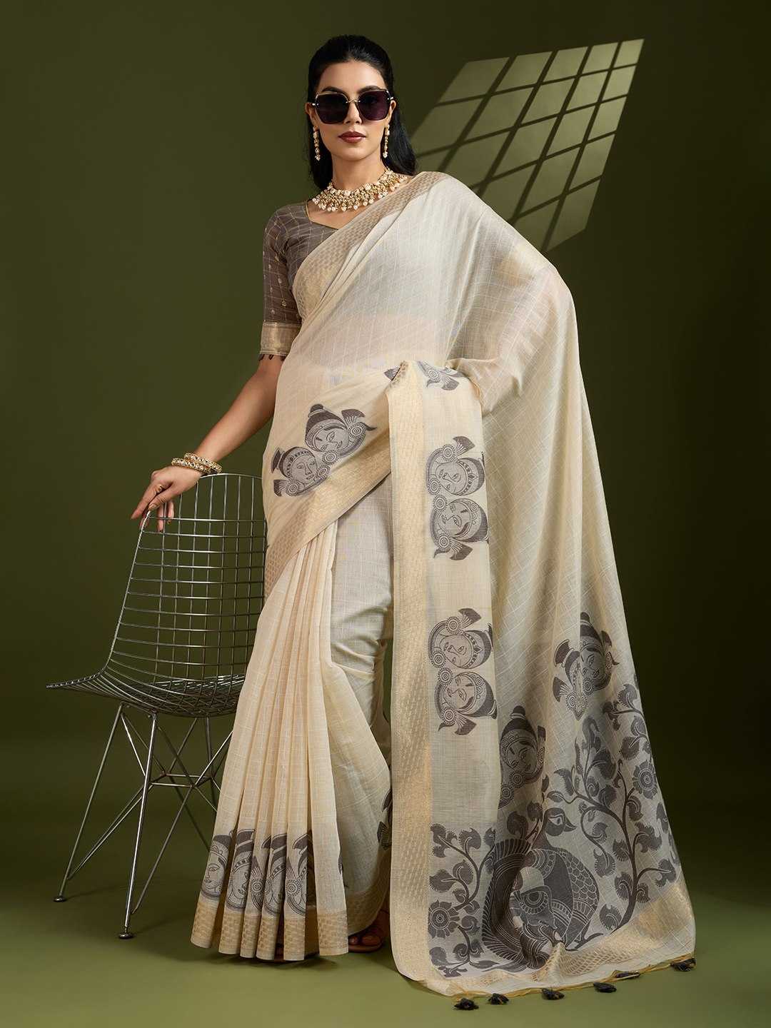 Premium soft Muga Grey Cotton saree with traditional kalamkari peacock