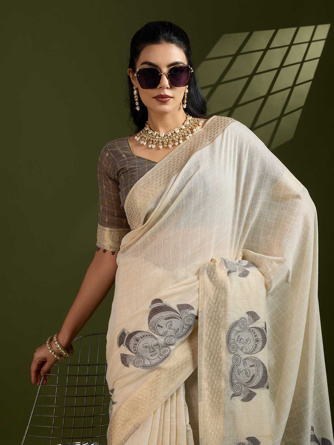 Premium soft Muga Grey Cotton saree with traditional kalamkari peacock