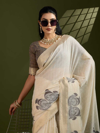 Premium soft Muga Grey Cotton saree with traditional kalamkari peacock