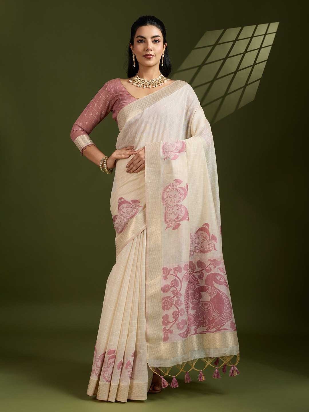 Premium soft Muga Pink Cotton saree with traditional kalamkari peacock
