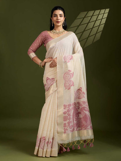 Premium soft Muga Pink Cotton saree with traditional kalamkari peacock