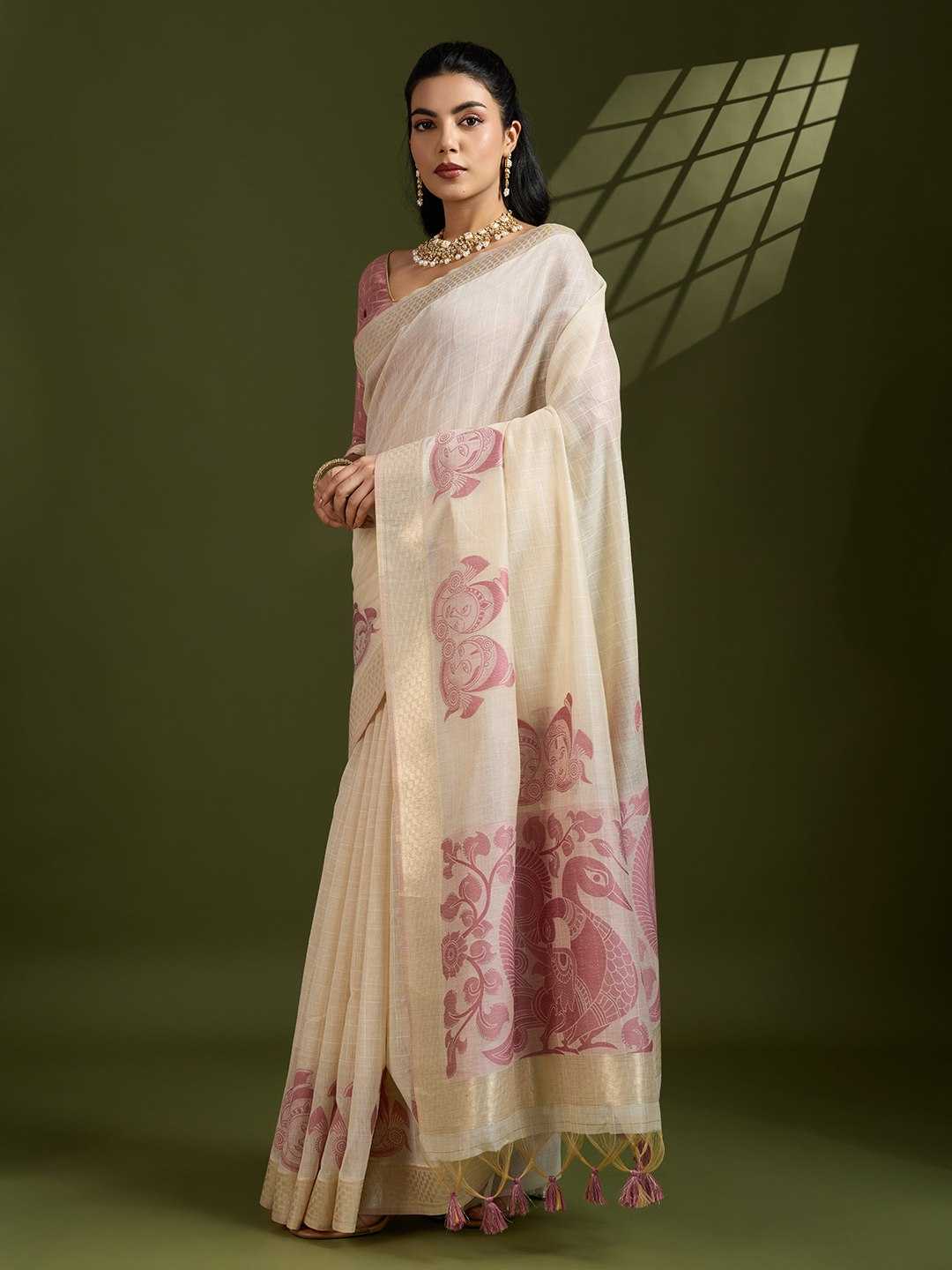 Premium soft Muga Pink Cotton saree with traditional kalamkari peacock