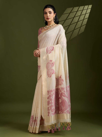Premium soft Muga Pink Cotton saree with traditional kalamkari peacock