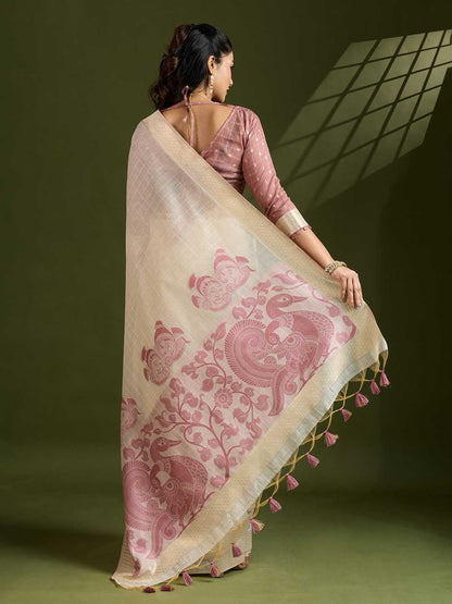 Premium soft Muga Pink Cotton saree with traditional kalamkari peacock