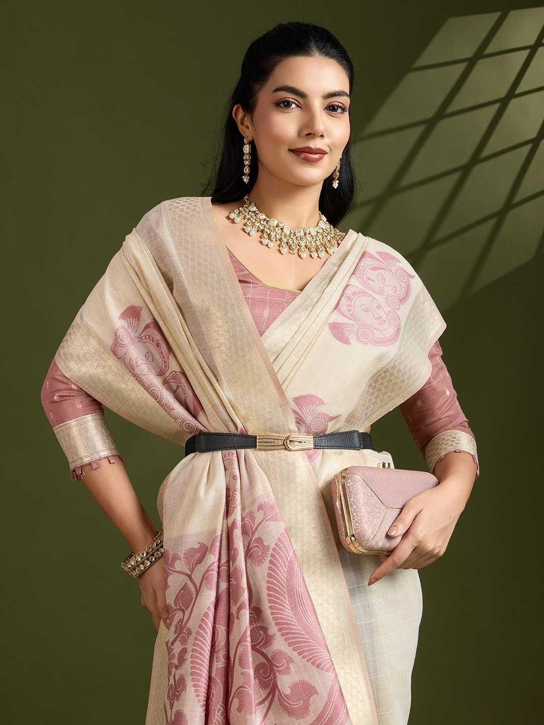 Premium soft Muga Pink Cotton saree with traditional kalamkari peacock