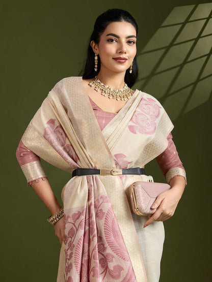 Premium soft Muga Pink Cotton saree with traditional kalamkari peacock