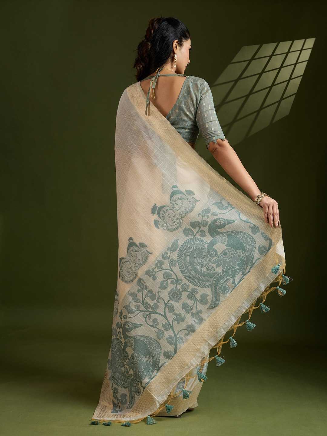 Premium soft Muga Silver Cotton saree with traditional kalamkari peacock