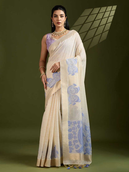Premium soft Muga Lavender Cotton saree with traditional kalamkari peacock