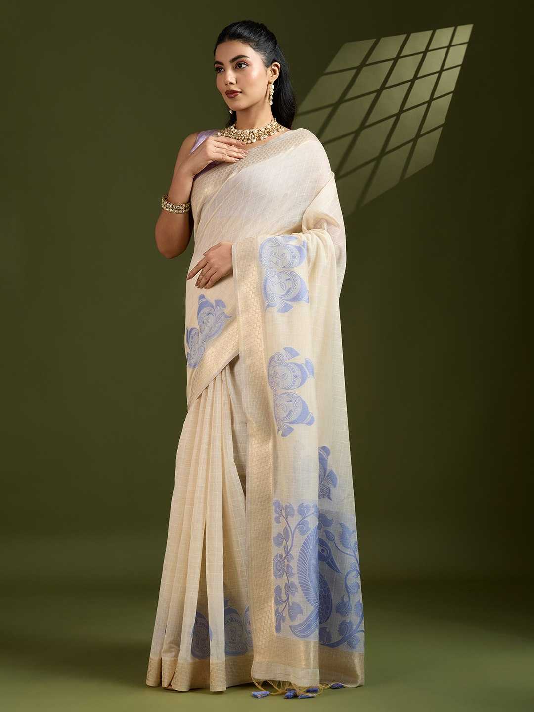 Premium soft Muga Lavender Cotton saree with traditional kalamkari peacock