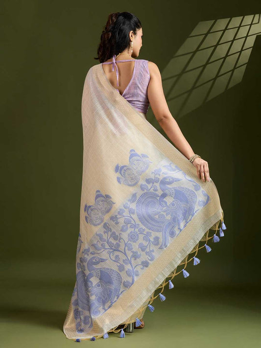 Premium soft Muga Lavender Cotton saree with traditional kalamkari peacock
