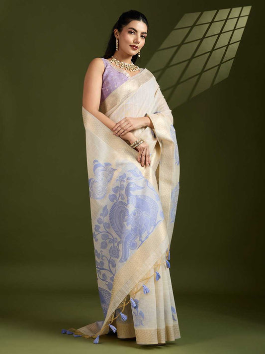 Premium soft Muga Lavender Cotton saree with traditional kalamkari peacock