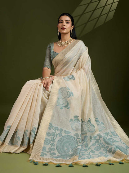 Premium soft Muga Silver Cotton saree with traditional kalamkari peacock