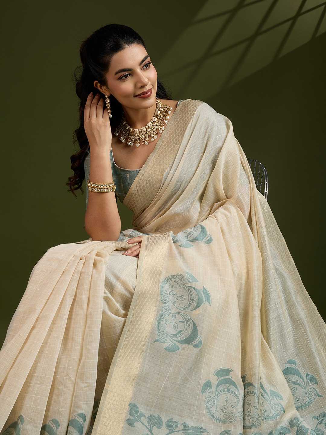 Premium soft Muga Silver Cotton saree with traditional kalamkari peacock
