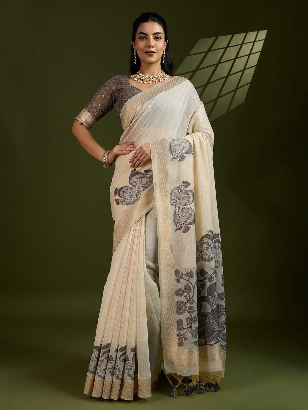Premium soft Muga Grey Cotton saree with traditional kalamkari peacock