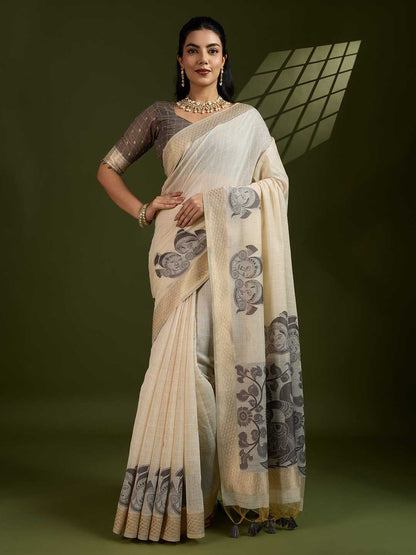 Premium soft Muga Grey Cotton saree with traditional kalamkari peacock