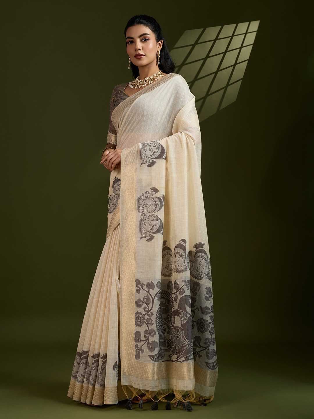 Premium soft Muga Grey Cotton saree with traditional kalamkari peacock