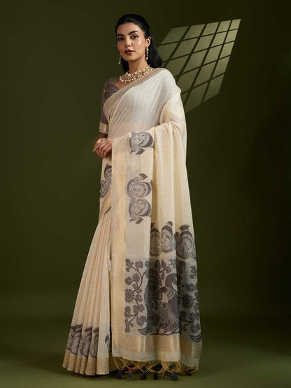 Premium soft Muga Grey Cotton saree with traditional kalamkari peacock