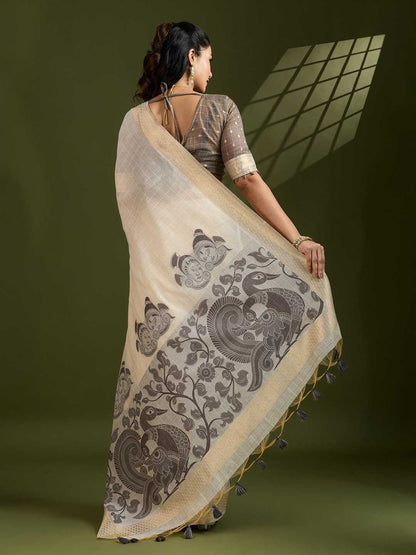 Premium soft Muga Grey Cotton saree with traditional kalamkari peacock