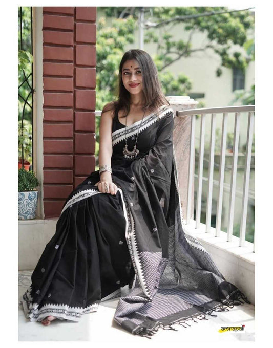 Soft Cotton Manipuri Black Saree