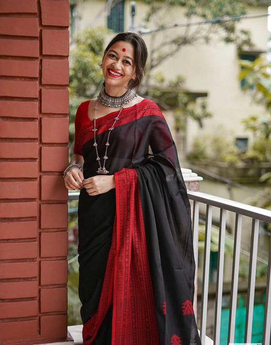 Soft Cotton Manipuri Black and Red Saree