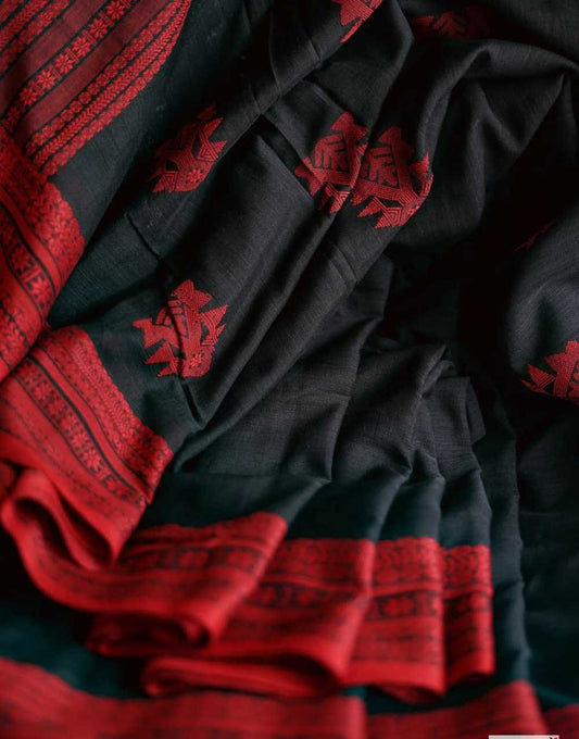 Soft Cotton Manipuri Black and Red Saree