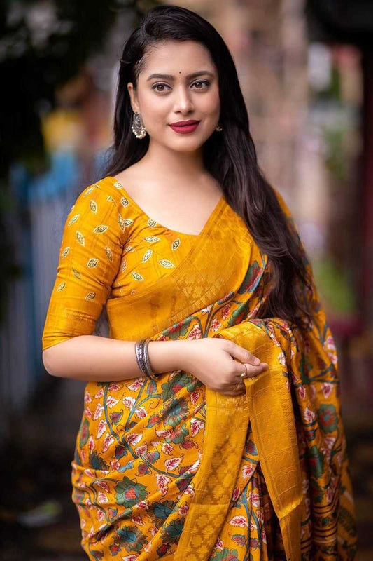 Kalamkari Print saree with Jacquard Kanjivaram Zari Border
