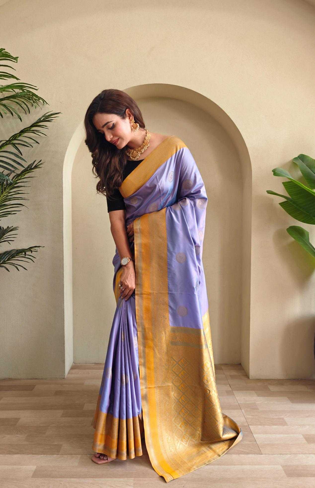 Coin Weaving Design All Over Lavender Saree with Contrast Border and Pallu