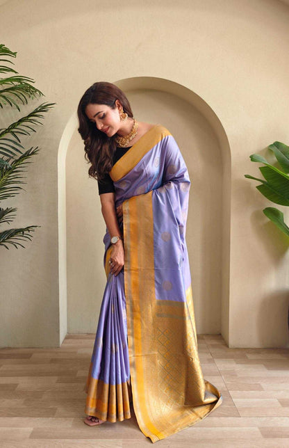 Coin Weaving Design All Over Lavender Saree with Contrast Border and Pallu