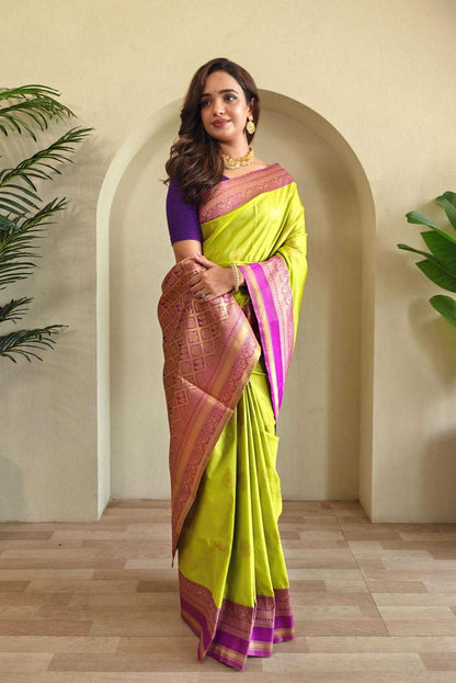 Coin Weaving Design All Over Yellow Saree with Contrast Border and Pallu