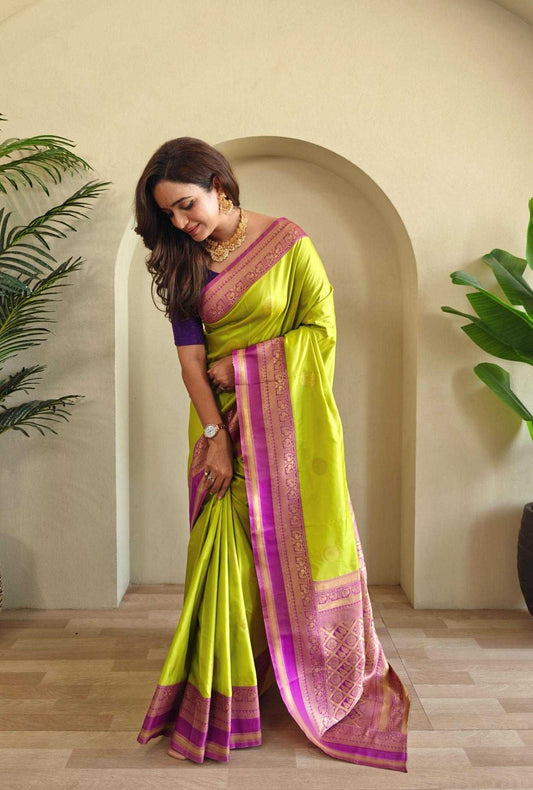 Coin Weaving Design All Over Yellow Saree with Contrast Border and Pallu