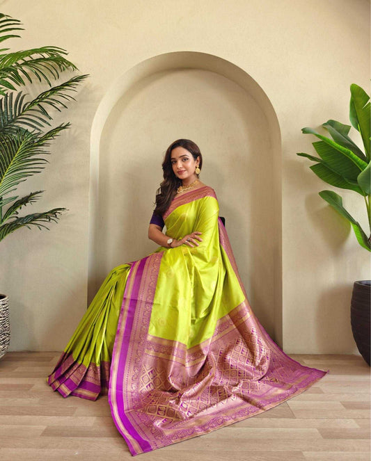 Coin Weaving Design All Over Yellow Saree with Contrast Border and Pallu