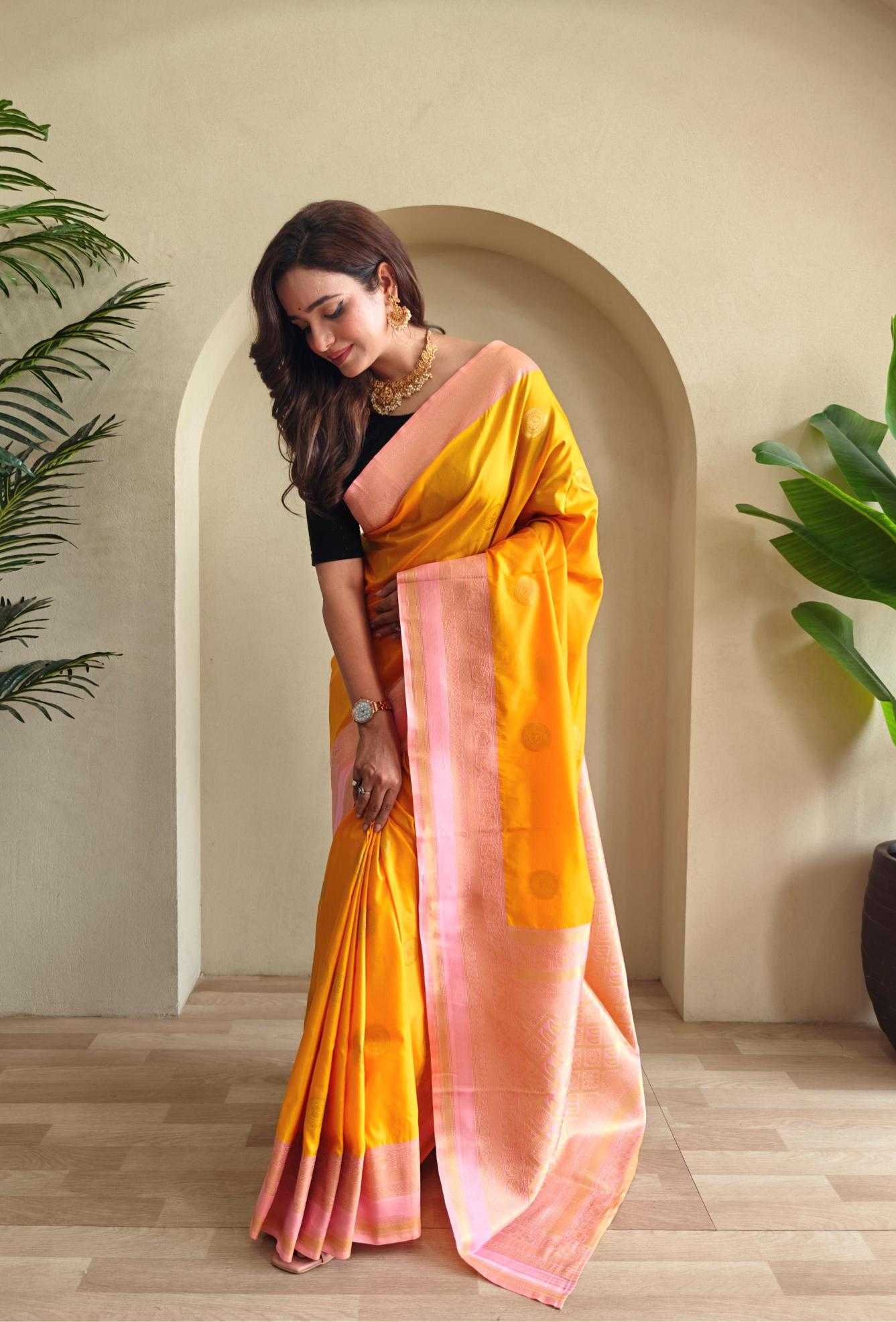 Coin Weaving Design All Over Orange Saree with Contrast Border and Pallu