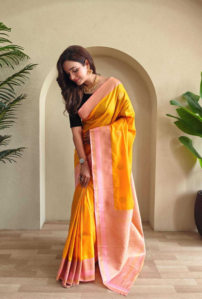 Coin Weaving Design All Over Orange Saree with Contrast Border and Pallu