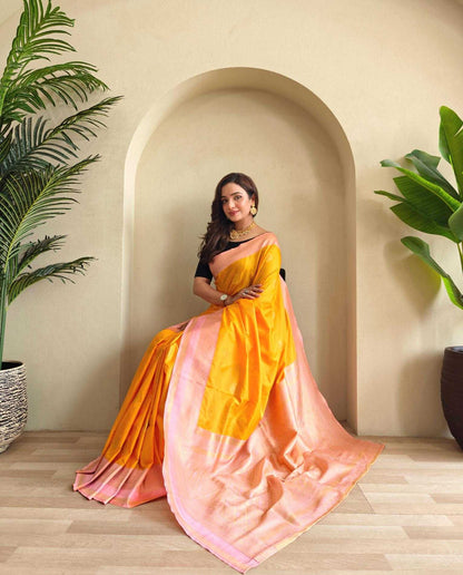 Coin Weaving Design All Over Orange Saree with Contrast Border and Pallu