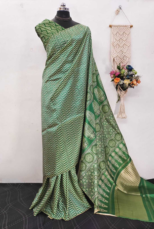 Ajrakh Printed Green Saree with Jari Weaving Ladgda Patta